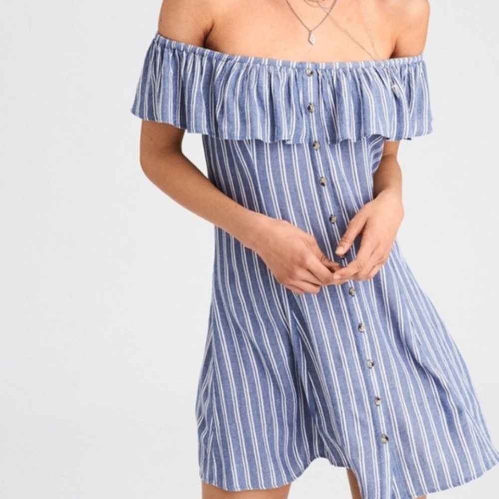 American Eagle Blue Striped Off Shoulder Dress
